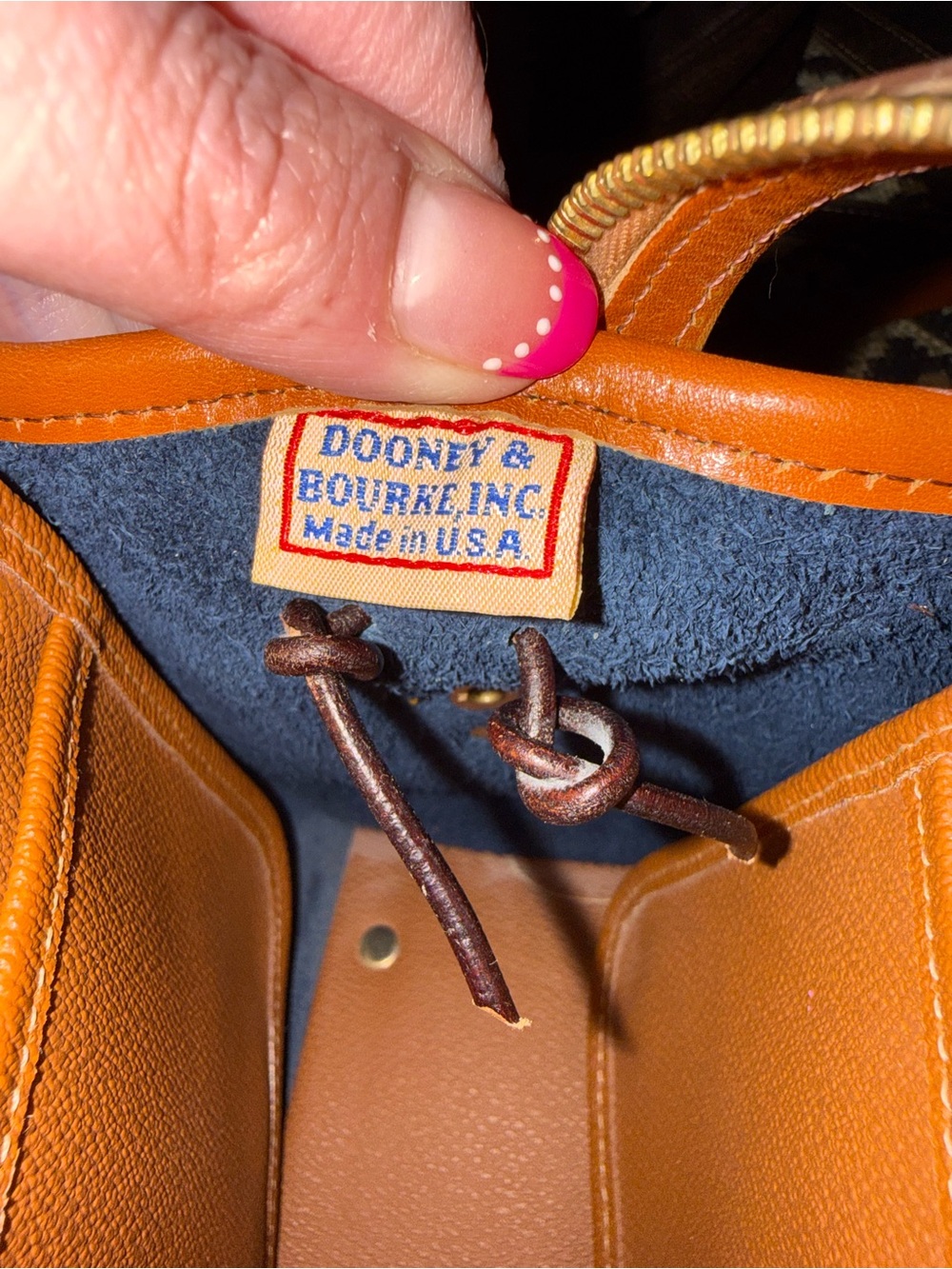 Dooney & Bourke Navy Pebbled Leather Satchel with Tan Trim and Gold Hardware - Picture 3 of 4